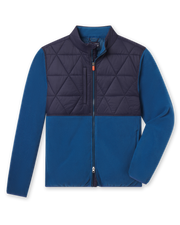 Okemo Hybrid Fleece Jacket in Bering Blue with quilted upper panels, full-zip front, and stand collar