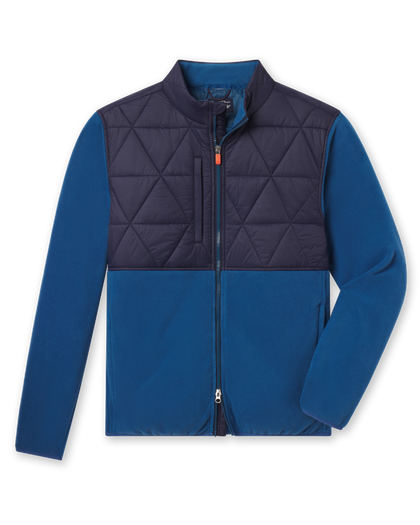 Okemo Hybrid Fleece Jacket in Bering Blue with quilted upper panels, full-zip front, and stand collar