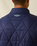 Men's Okemo Hybrid Fleece Jacket in Sage, close-up back view on model highlighting the Straight Down logo embroidered on the navy quilted upper back