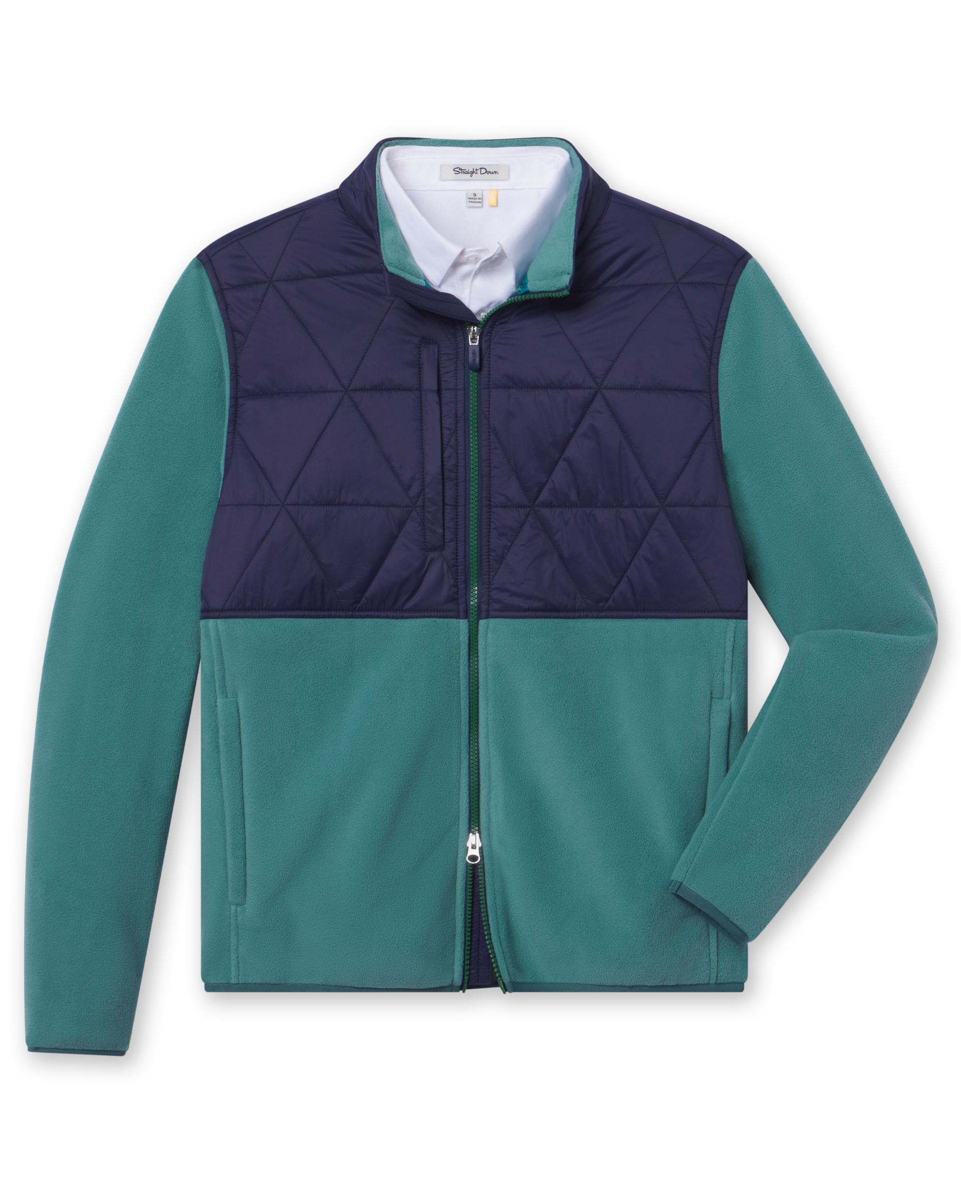 Okemo Hybrid Fleece Jacket in Sage Green with blue quilted upper panels, full-zip front, and stand collar