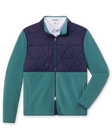 Okemo Hybrid Fleece Jacket in Sage Green with blue quilted upper panels, full-zip front, and stand collar