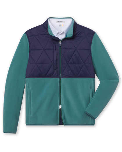 Okemo Hybrid Fleece Jacket in Sage Green with blue quilted upper panels, full-zip front, and stand collar
