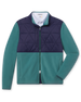 Okemo Hybrid Fleece Jacket in Sage Green with blue quilted upper panels, full-zip front, and stand collar