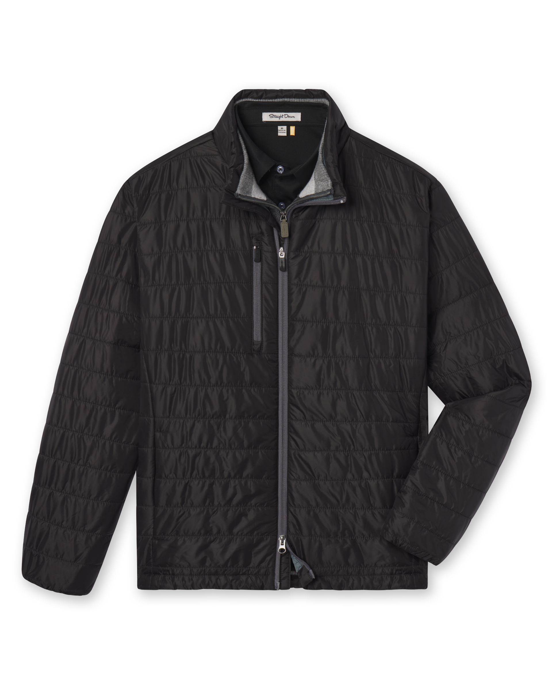 Men's Sierra Quilted Jacket in Black, flat lay front view featuring a solid black quilted jacket with a stand collar, grey collar interior, full-length zipper closure, chest zippered pocket, and long sleeves