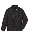 Men's Sierra Quilted Jacket in Black, flat lay front view featuring a solid black quilted jacket with a stand collar, grey collar interior, full-length zipper closure, chest zippered pocket, and long sleeves
