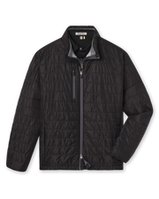 Men's Sierra Quilted Jacket in Black, flat lay front view featuring a solid black quilted jacket with a stand collar, grey collar interior, full-length zipper closure, chest zippered pocket, and long sleeves