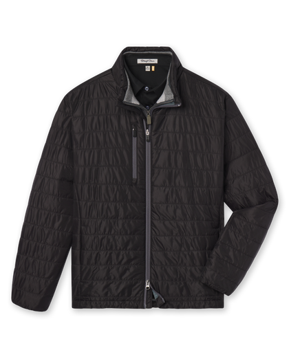 Men's Sierra Quilted Jacket in Black, flat lay front view featuring a solid black quilted jacket with a stand collar, grey collar interior, full-length zipper closure, chest zippered pocket, and long sleeves