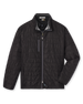 Men's Sierra Quilted Jacket in Black, flat lay front view featuring a solid black quilted jacket with a stand collar, grey collar interior, full-length zipper closure, chest zippered pocket, and long sleeves