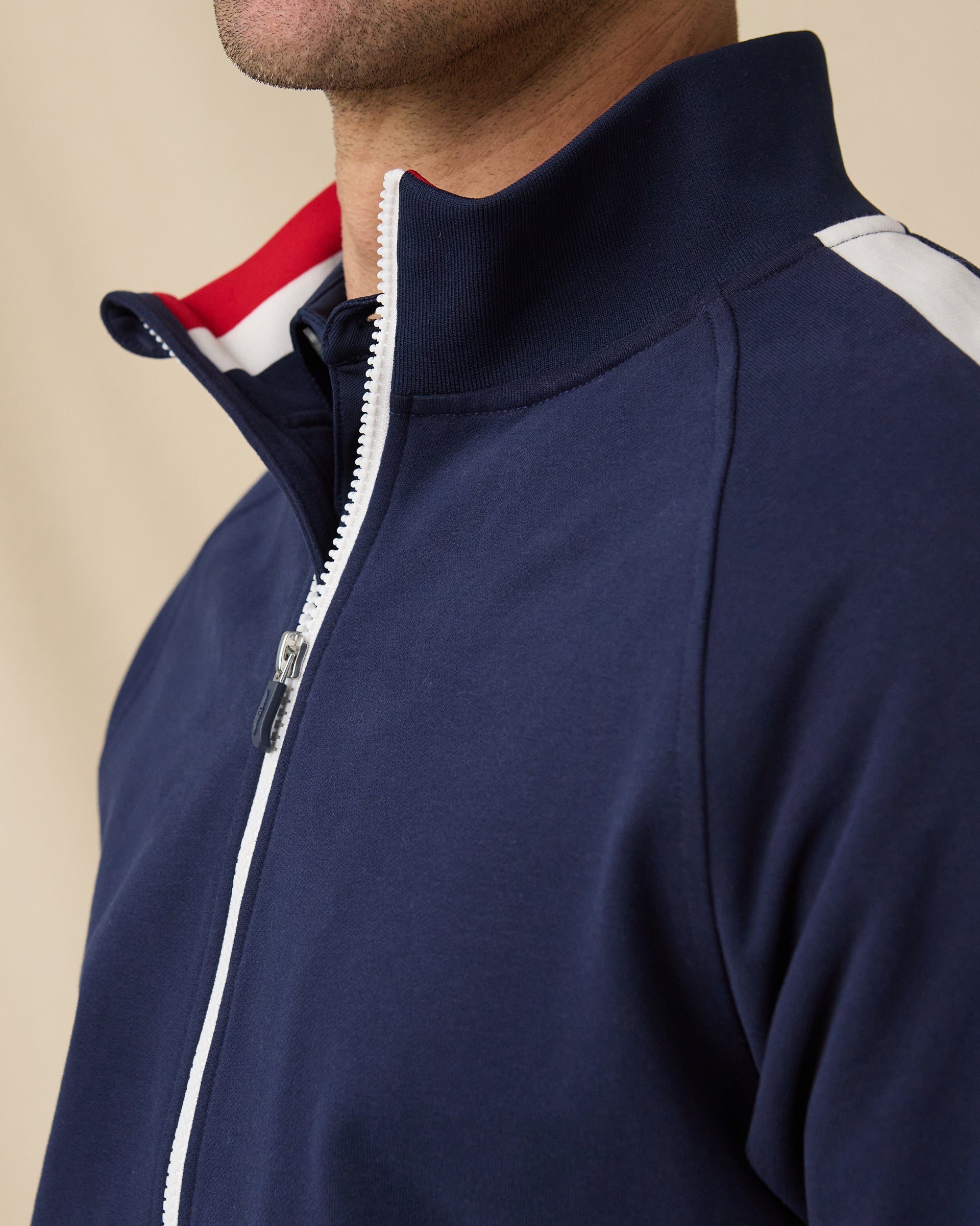 Four Four Two Track Jacket in New Indigo and White, collar and zipper detail close-up