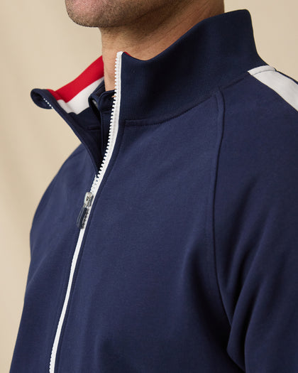 Four Four Two Track Jacket in New Indigo and White, collar and zipper detail close-up