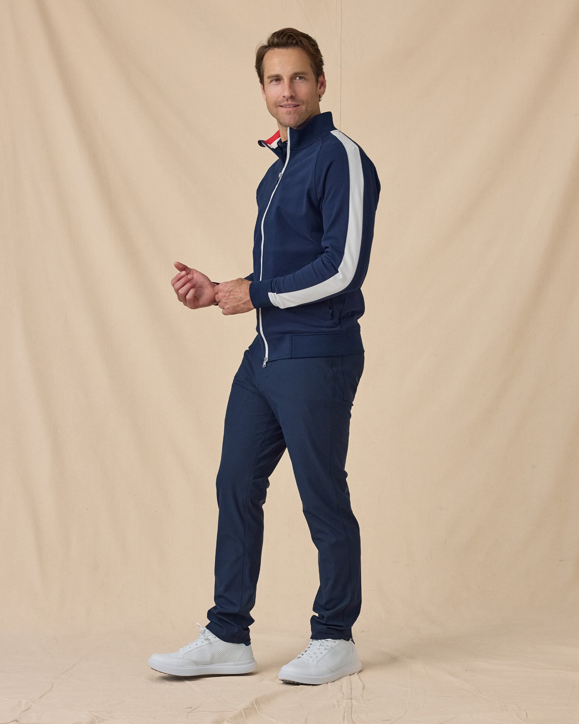 Men’s Four Four Two Track Jacket in New Indigo and White, styled full outfit view with dark pants