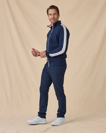 Men’s Four Four Two Track Jacket in New Indigo and White, styled full outfit view with dark pants