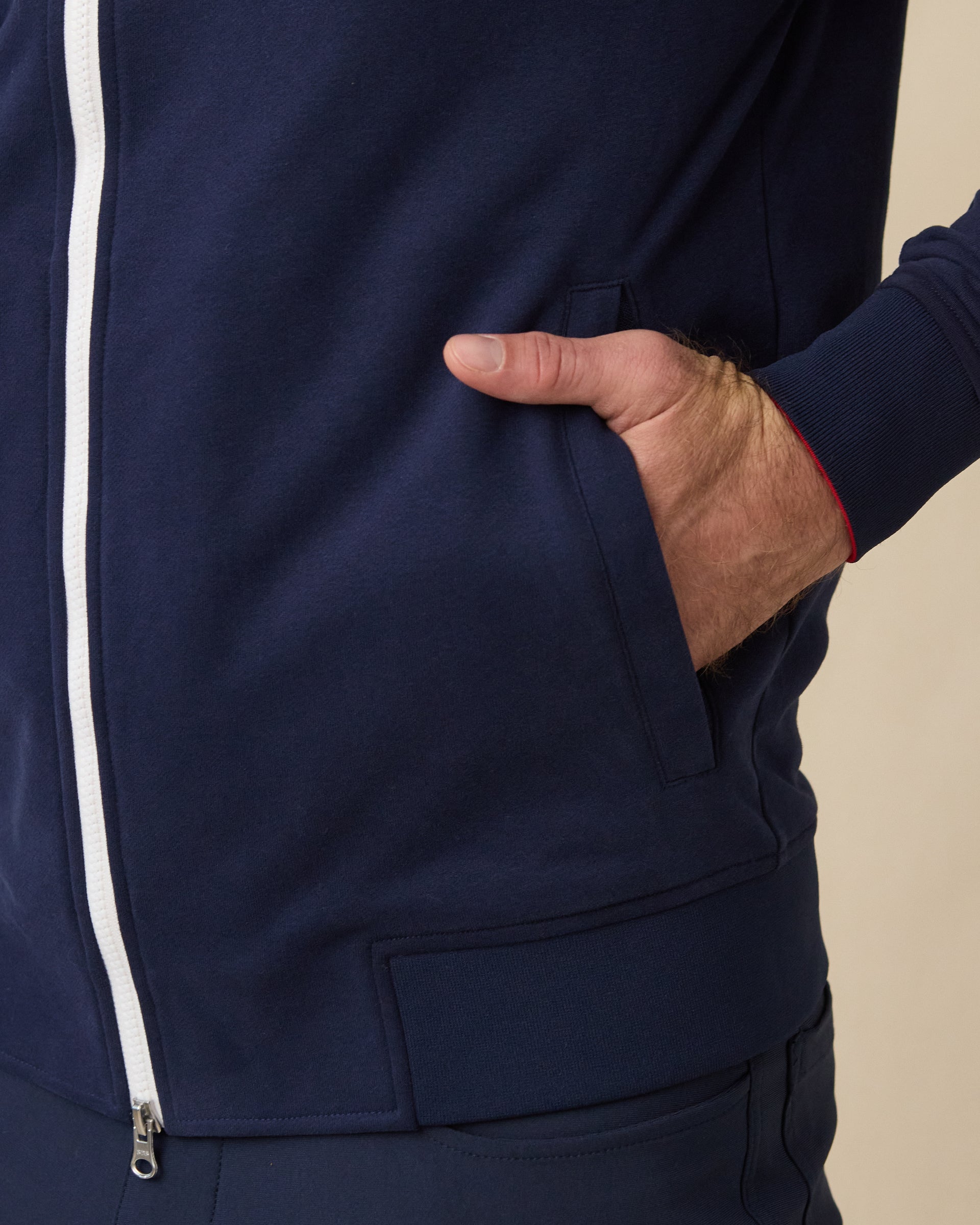 Four Four Two Track Jacket in New Indigo and White, pocket detail close-up