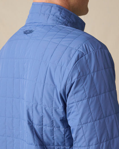 Back view of the Big Sky Quilted Jacket in Moonlight, featuring grid quilting, a stand collar, and embroidered Straight Down logo.