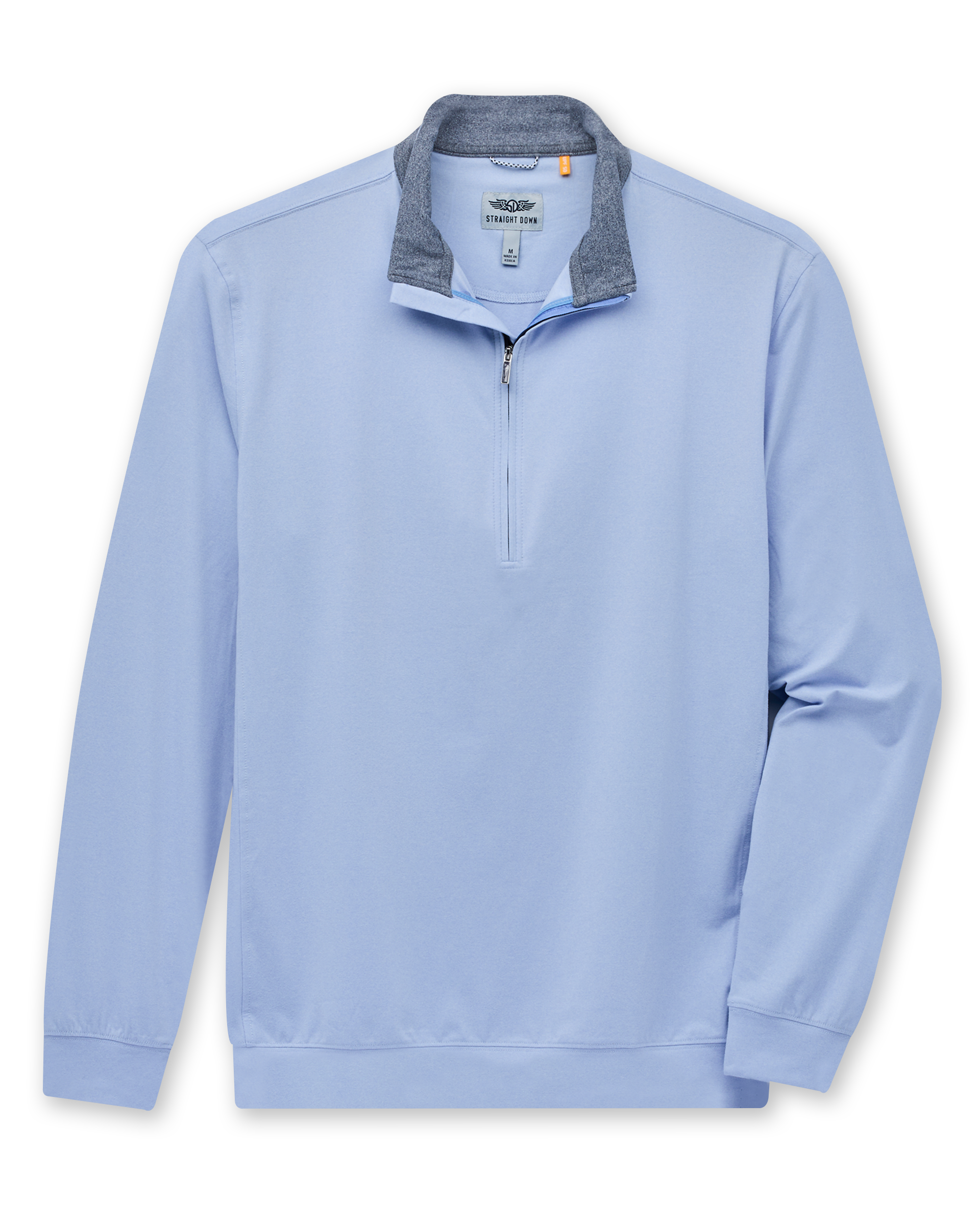 Men's Cimarron Quarter Zip in Lavender, flat lay front view featuring a light purple quarter-zip pullover with contrast grey collar