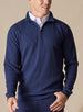 Men's Cambria Quarter Zip in New Indigo, front on-model view featuring a navy ribbed knit fabric with a quarter zip closure and navy interior collar, styled with navy pants