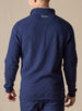 Men's Cambria Quarter Zip in New Indigo, back on-model view featuring a navy ribbed knit fabric with an embroidered Straight Down logo at the yoke, styled with navy pants
