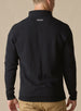 Men's Catalina Quarter Zip in Black, back on-model view featuring a black ribbed fabric with an embroidered Straight Down logo at the yoke, styled with tan pants
