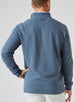 Men's Catalina Quarter Zip in Deep Sea, back on-model view featuring a slate blue ribbed fabric with an embroidered Straight Down logo at the yoke, styled with white pants