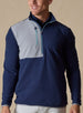 Men's Moonstone Quarter Zip in New Indigo, front model view featuring a navy micro-fleece body with gray contrast chest panel and light blue zipper tape