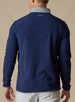 Men's Moonstone Quarter Zip in New Indigo, back model view featuring a navy micro-fleece body with embroidered winged logo at the upper back yoke and gray contrast collar trim