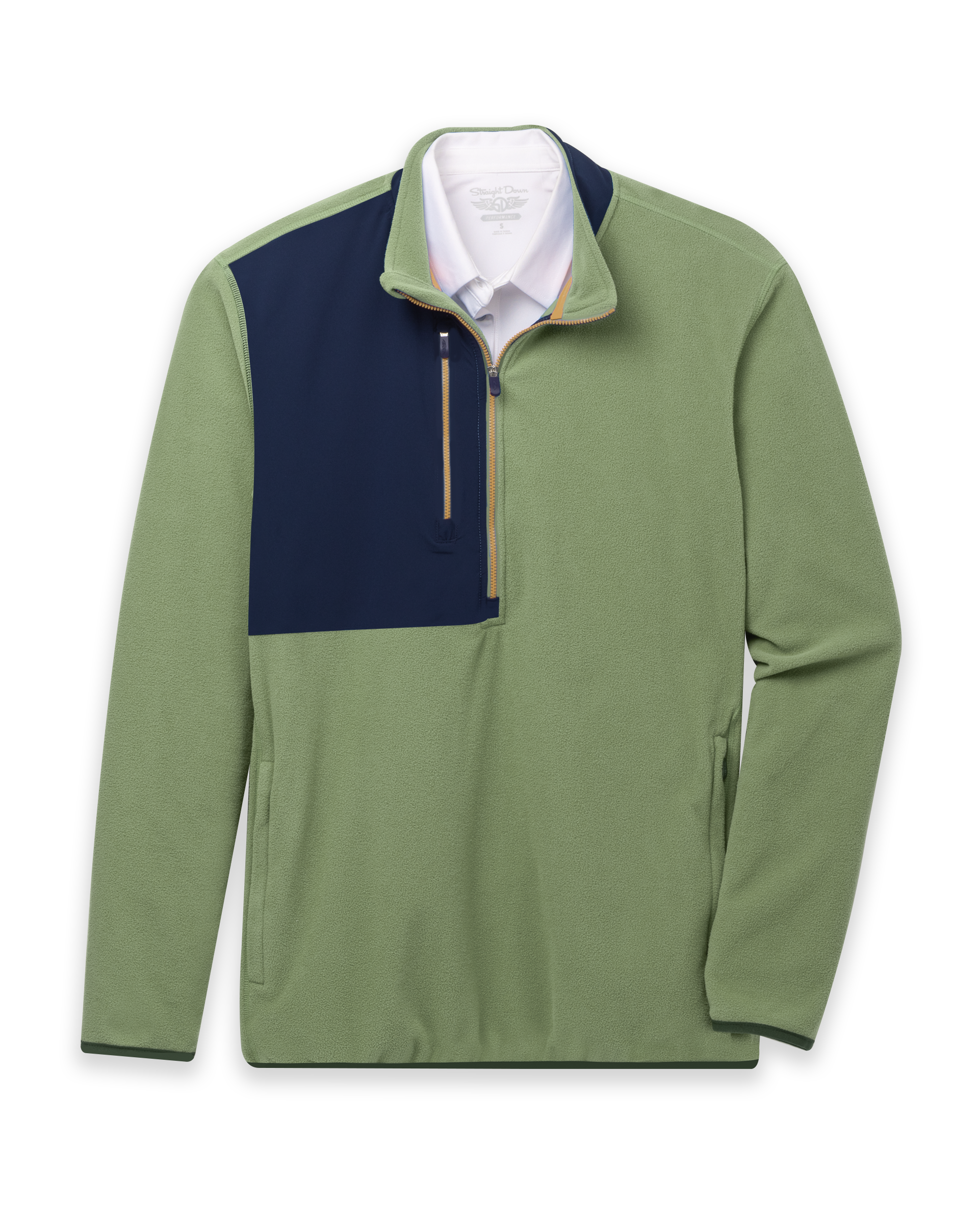Men's Moonstone Quarter Zip in Moss, flat lay front view featuring a sage green fleece body with a navy contrast chest panel, gold zipper tape, long sleeves, and side hand pockets