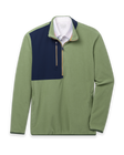 Men's Moonstone Quarter Zip in Moss, flat lay front view featuring a sage green fleece body with a navy contrast chest panel, gold zipper tape, long sleeves, and side hand pockets