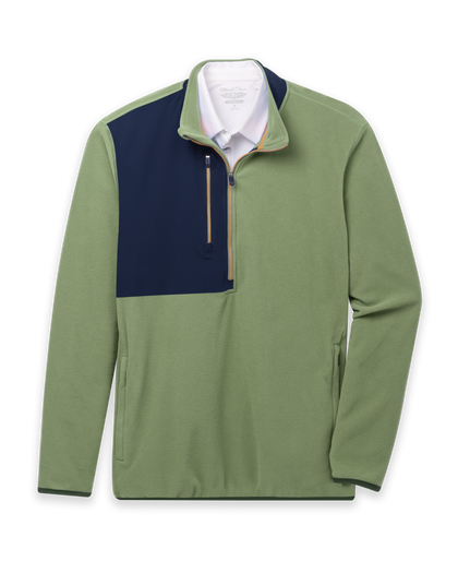Men's Moonstone Quarter Zip in Moss, flat lay front view featuring a sage green fleece body with a navy contrast chest panel, gold zipper tape, long sleeves, and side hand pockets