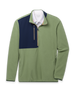 Men's Moonstone Quarter Zip in Moss, flat lay front view featuring a sage green fleece body with a navy contrast chest panel, gold zipper tape, long sleeves, and side hand pockets