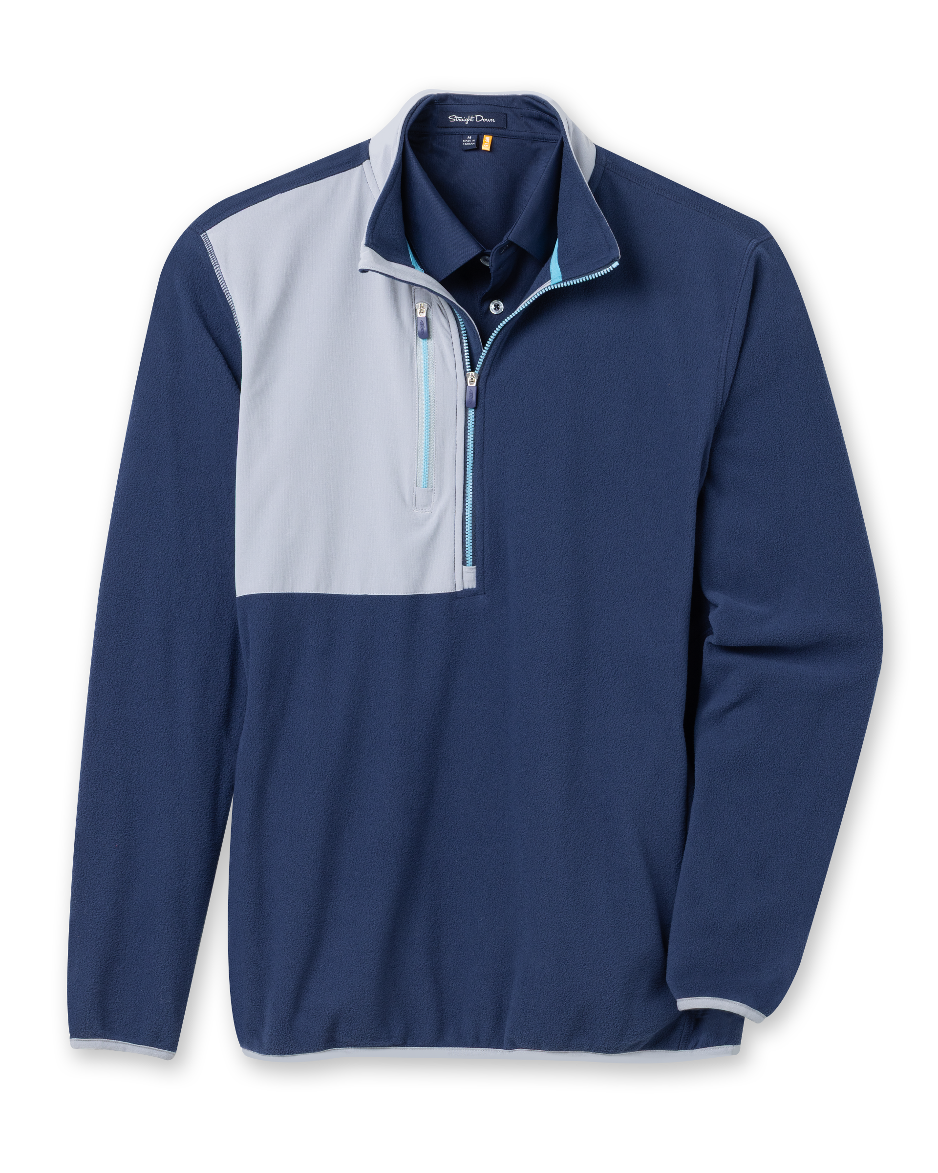 Men's Moonstone Quarter Zip in New Indigo, flat lay front view featuring a navy fleece body with a grey contrast chest panel, light blue zipper tape, long sleeves, and side hand pockets
