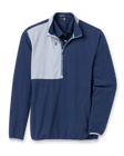 Men's Moonstone Quarter Zip in New Indigo, flat lay front view featuring a navy fleece body with a grey contrast chest panel, light blue zipper tape, long sleeves, and side hand pockets