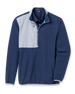 Men's Moonstone Quarter Zip in New Indigo, flat lay front view featuring a navy fleece body with a grey contrast chest panel, light blue zipper tape, long sleeves, and side hand pockets