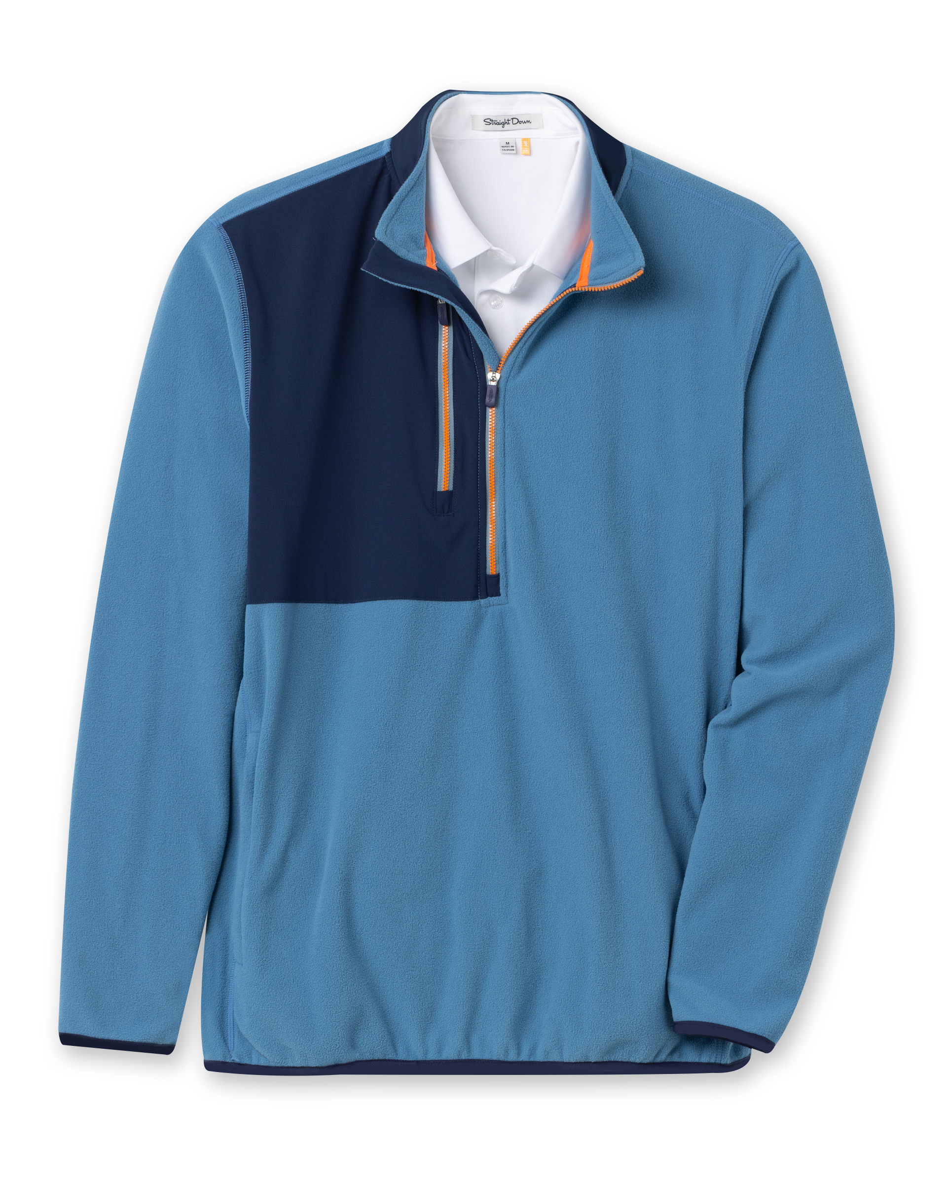 Men's Moonstone Quarter Zip in Petrol, flat lay front view featuring a blue fleece body with a navy contrast chest panel, orange zipper tape, long sleeves, and side hand pockets