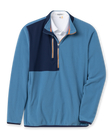 Men's Moonstone Quarter Zip in Petrol, flat lay front view featuring a blue fleece body with a navy contrast chest panel, orange zipper tape, long sleeves, and side hand pockets