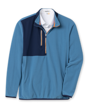 Men's Moonstone Quarter Zip in Petrol, flat lay front view featuring a blue fleece body with a navy contrast chest panel, orange zipper tape, long sleeves, and side hand pockets