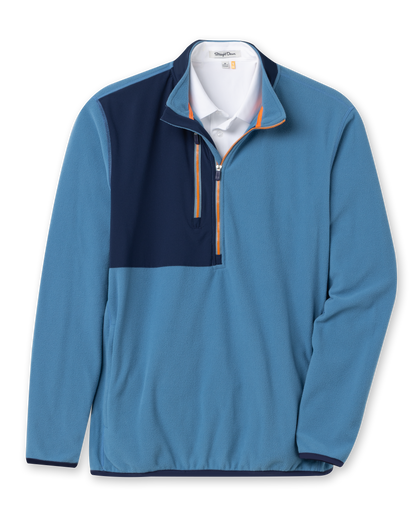 Men's Moonstone Quarter Zip in Petrol, flat lay front view featuring a blue fleece body with a navy contrast chest panel, orange zipper tape, long sleeves, and side hand pockets