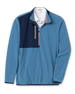 Men's Moonstone Quarter Zip in Petrol, flat lay front view featuring a blue fleece body with a navy contrast chest panel, orange zipper tape, long sleeves, and side hand pockets
