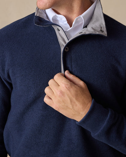 Men's Leucadia Quarter Snap Pullover in Indigo, close-up detail of snap-button placket featuring gray contrast inner collar layered over a white button-down shirt