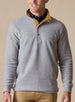  Men's Leucadia Quarter Snap Pullover in Light Charcoal, front view on model featuring a heather gray fleece long sleeve pullover with quarter snap placket and tan suede collar trim, layered over a black collared shirt