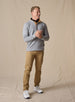 Men's Leucadia Quarter Snap Pullover in Light Charcoal, full length front view on model featuring a heather gray fleece long sleeve pullover with quarter snap placket and tan suede collar trim, paired with khaki pants and white shoes