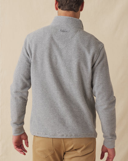 Men's Leucadia Quarter Snap Pullover in Heather, back view on model featuring the Straight Down logo at the upper back, paired with tan pants