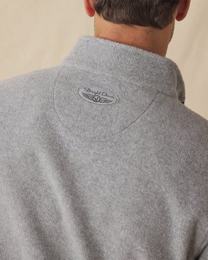 Men's Leucadia Quarter Snap Pullover in Heather, close-up back view on model highlighting the Straight Down logo detail at the upper back