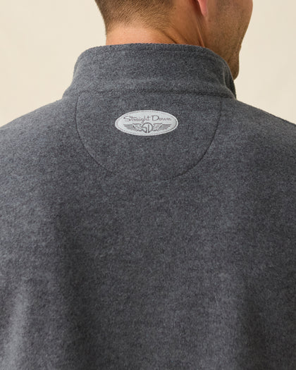 Men's Leucadia Quarter Snap Pullover in Charcoal, close-up back view on model highlighting the Straight Down logo detail at the upper back