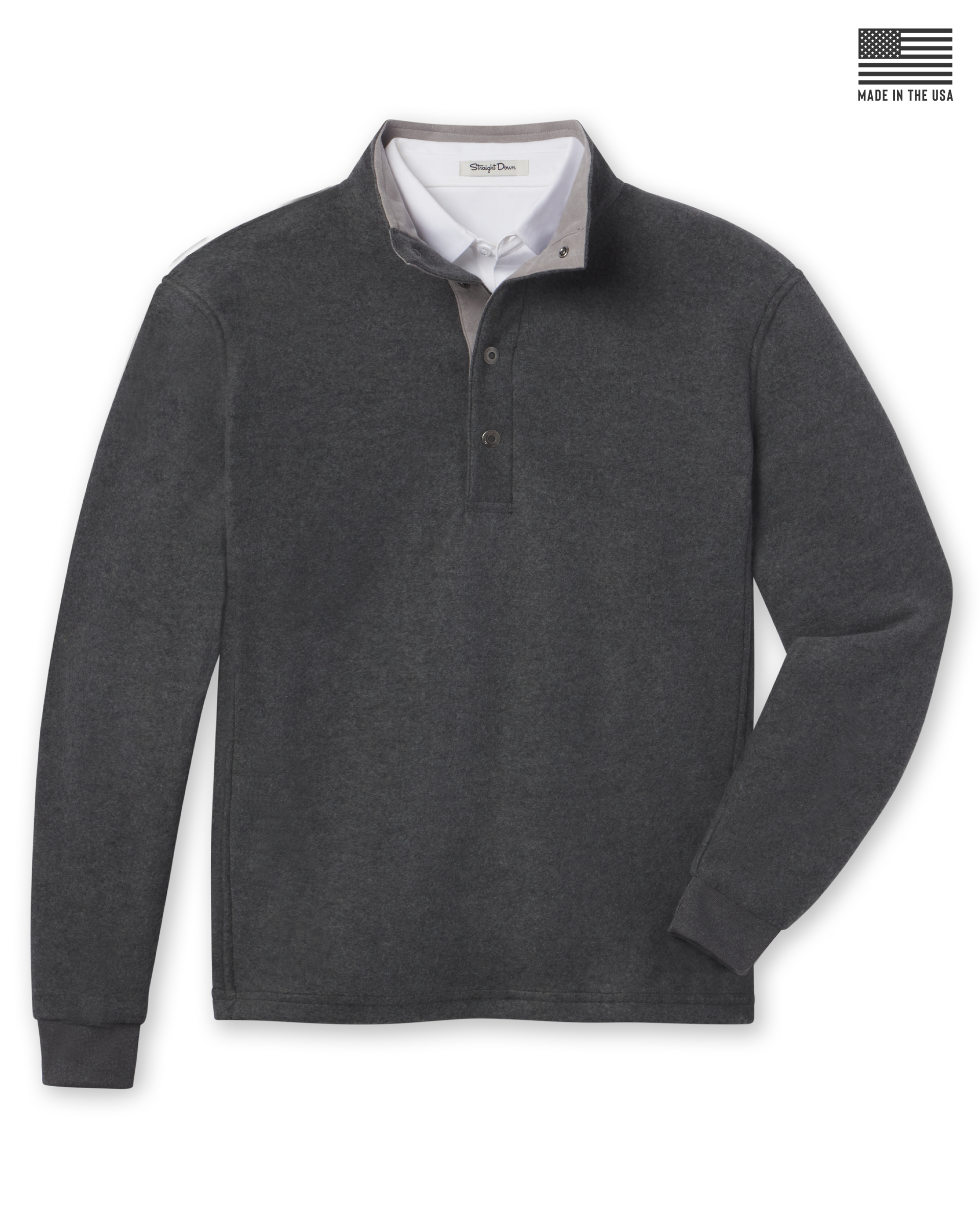 Men's Leucadia Quarter Snap Pullover in Charcoal, flat lay front view featuring a heathered charcoal fleece body with long sleeves, ribbed cuffs, and a light grey collar interior and snap closure