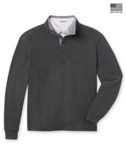 Men's Leucadia Quarter Snap Pullover in Charcoal, flat lay front view featuring a heathered charcoal fleece body with long sleeves, ribbed cuffs, and a light grey collar interior and snap closure