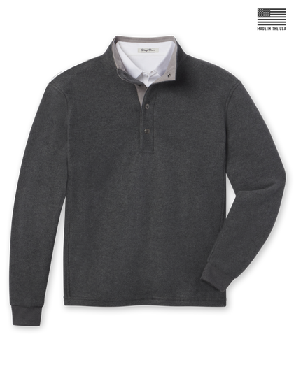 Men's Leucadia Quarter Snap Pullover in Charcoal, flat lay front view featuring a heathered charcoal fleece body with long sleeves, ribbed cuffs, and a light grey collar interior and snap closure
