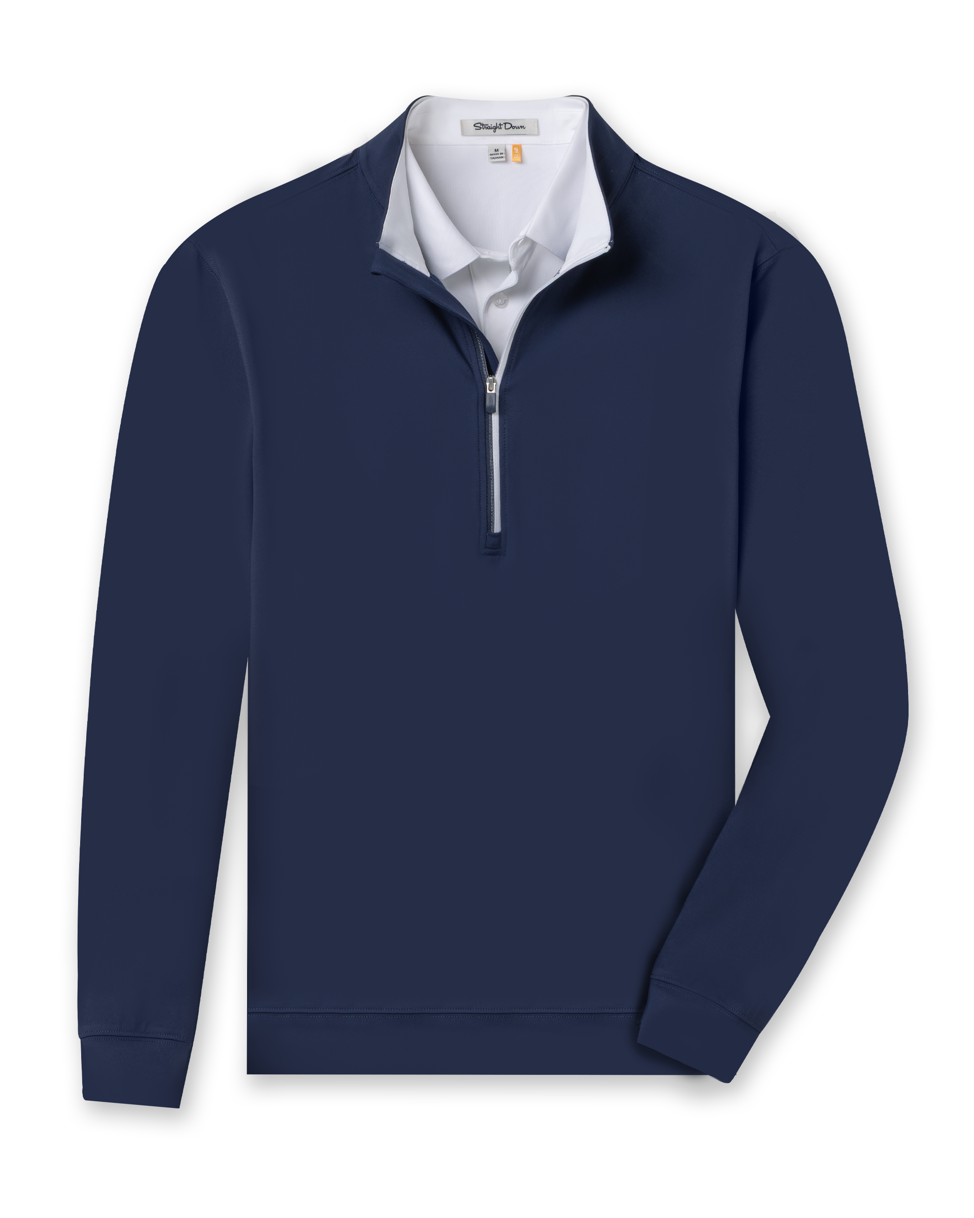 Men's Patron Quarter Zip in New Indigo, flat lay front view featuring a solid navy long sleeve quarter zip with a grey collar interior and ribbed cuffs and hem