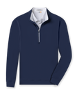 Men's Patron Quarter Zip in New Indigo, flat lay front view featuring a solid navy long sleeve quarter zip with a grey collar interior and ribbed cuffs and hem