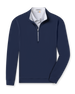 Men's Patron Quarter Zip in New Indigo, flat lay front view featuring a solid navy long sleeve quarter zip with a grey collar interior and ribbed cuffs and hem
