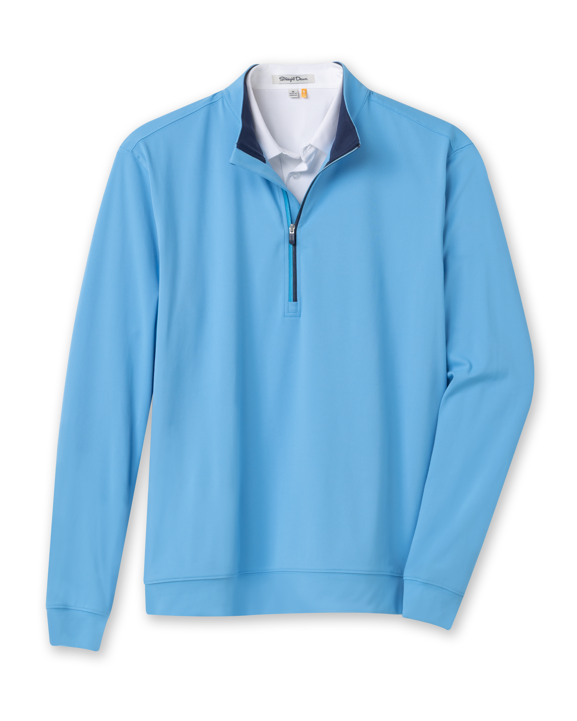 Men's Patron Quarter Zip in Niagara, flat lay front view featuring a solid light blue long sleeve quarter zip with a navy collar interior and ribbed cuffs and hem